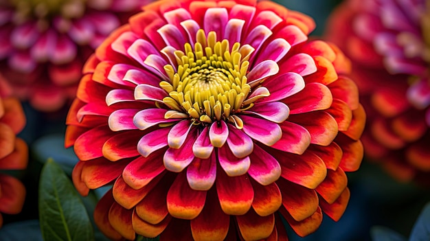 Una foto que muestra las texturas y patrones de una flor de zinnia con sus pétalos de colores.