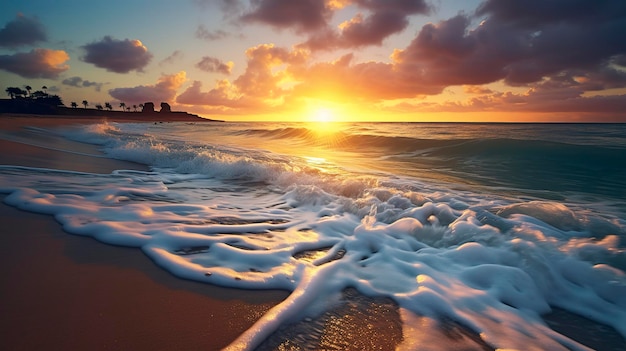 Una foto que muestra la tranquila belleza de una puesta de sol en la playa mientras las olas golpean suavemente la orilla