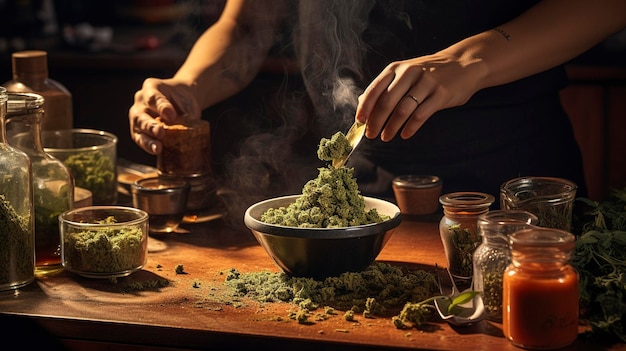 Una foto que muestra el uso del cannabis en la cocina y las artes culinarias con ingredientes