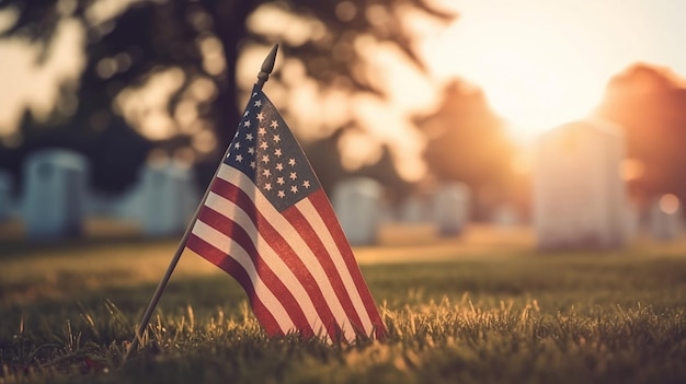 Foto que representa la bandera estadounidense colocada en las tumbas de los héroes en un cementerio militar