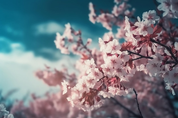 Una foto de una rama de flores rosas con el cielo de fondo