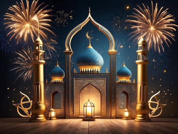 foto ramadan kareem eid mubarak lámpara real elegante con mezquita puerta santa con fuegos artificiales