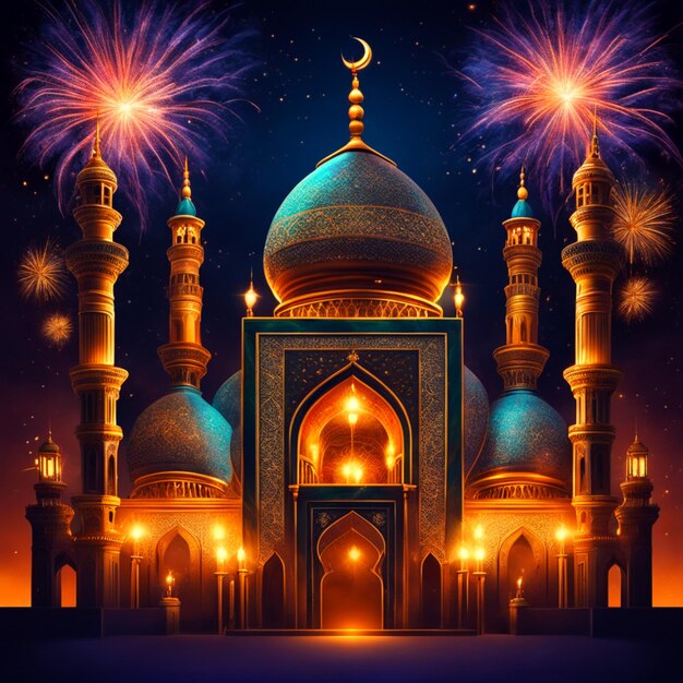 foto ramadan kareem eid mubarak royal elegante lámpara con mezquita puerta sagrada con fuegos artificiales