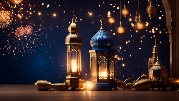 Foto ramadan kareen eid mubarak fondo con lámpara mezquita sagrado fuegos artificiales generativo ai