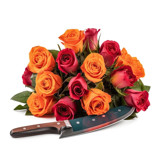 Foto ramo flores rosas con cuchillo arte aislado