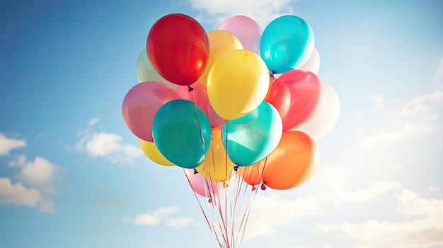 Una foto de un ramo de globos coloridos con fondo de cielo azul