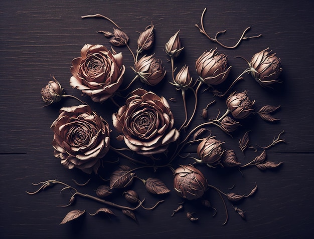 Una foto de un ramo de rosas sobre un fondo oscuro