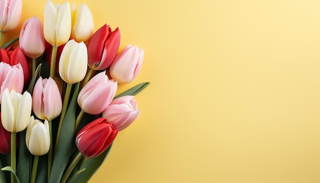 una foto de un ramo de tulipanes en un fondo para el día de las madres