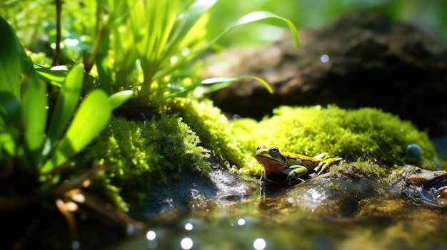 Foto de una rana, fotografía macro, corriente de agua dulce, planta verde joven, primavera al aire libre, hermosa IA generativa AIG32