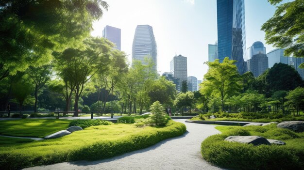 Una foto de los rascacielos de un parque urbano moderno.