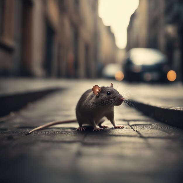 Foto foto de una rata en la cámara bokeh con vista a la ciudad.