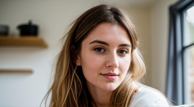 Foto RAW de uma mulher galesa de 24 anos com roupas casuais e cabelo bagunçado