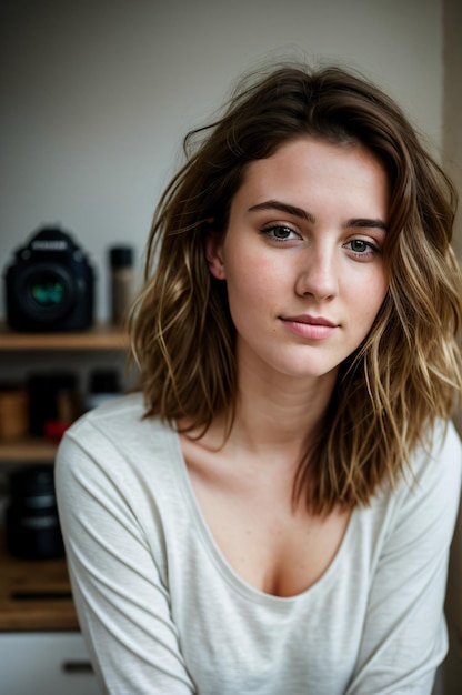 Foto RAW de una galesa de 24 años con ropa casual y cabello desordenado