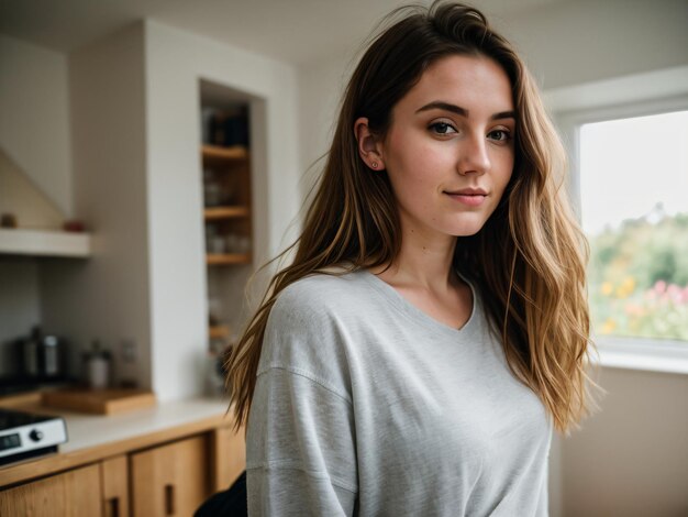 Foto RAW de una galesa de 24 años con ropa casual y cabello desordenado