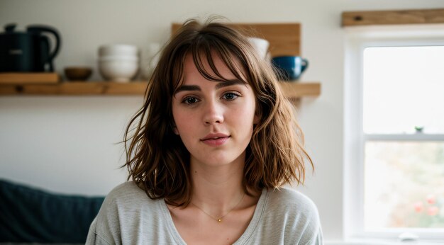 Foto RAW de una galesa de 24 años con ropa casual y cabello desordenado