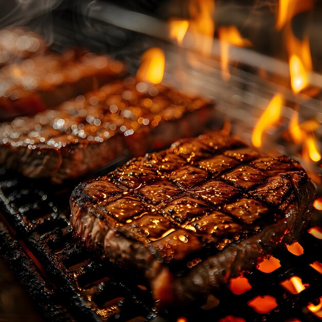 Foto foto real de agua de la boca chisporroteando mientras un filete jugoso se cocina en una parrilla caliente