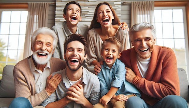 Foto real als Generational Joy Ein mehrgenerationliches Familientreffen, bei dem Lachen die Altersgrenze überbrückt