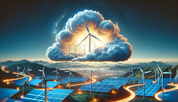 Foto real als Renewable Cloudscape Strom Ihre Wolke mit der erneuerbaren Energie Landschaft, wo jeder