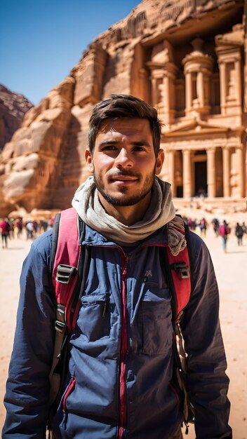 Foto foto real para backpacker explorando la antigua ciudad de petra jordania en el tema de viajes en mochila f