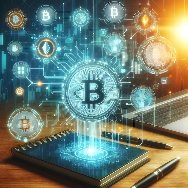 Foto real para Blockchain Technology Icon en el fondo criptográfico en el resumen de la innovación digital