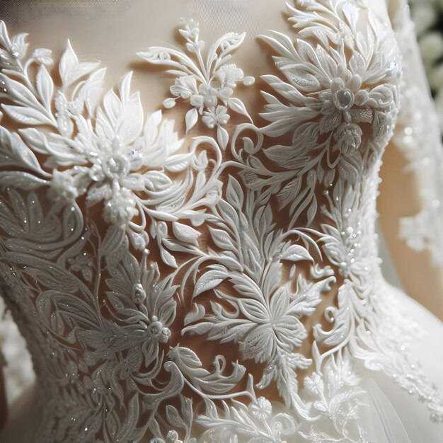 Foto real para capturar los intrincados detalles de encaje de un vestido de novia.