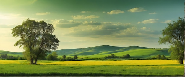 Foto real como Countryside Canvas A paisagem rural pintada em largos traços de verde e dourado i