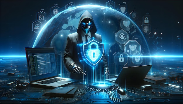 Foto real como Cyber Guardian Seja um ciber guardião proteger seu mundo on-line de predadores de phishing