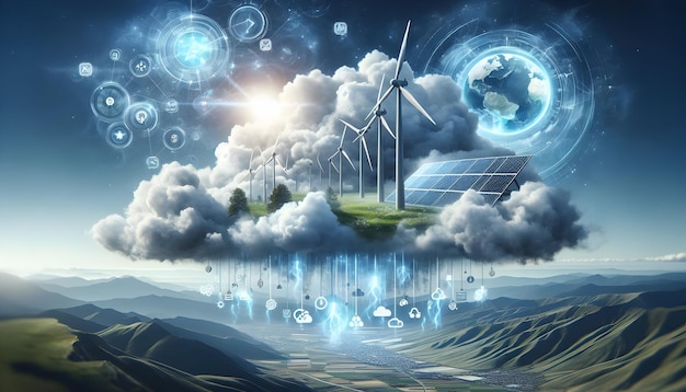 Foto real como Renewable Cloudscape Power sua nuvem com a paisagem de energia renovável onde cada