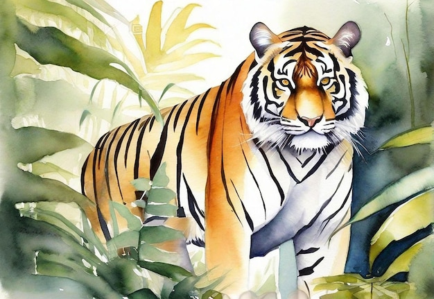 Foto real de tigre aquarela com floresta de fundo