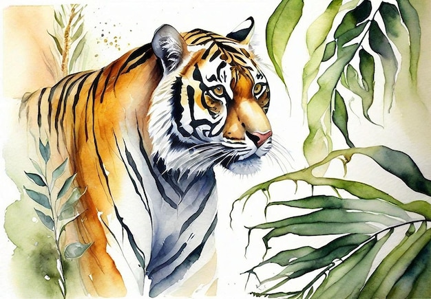 Foto real de tigre aquarela com floresta de fundo