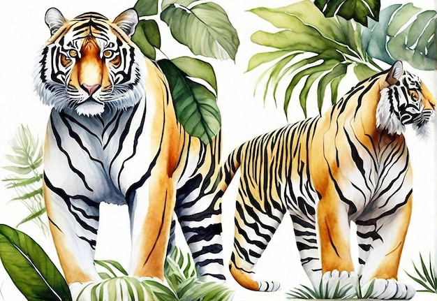 Foto real de tigre aquarela com floresta de fundo