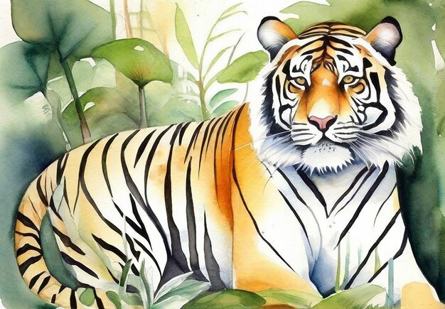 Foto real de tigre aquarela com floresta de fundo