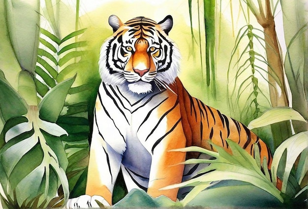 Foto real de tigre aquarela com floresta de fundo