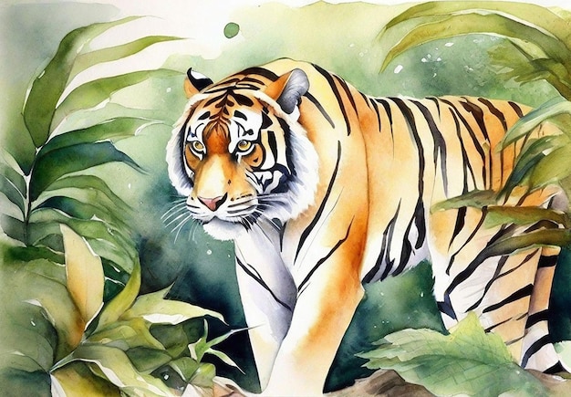 Foto real de tigre aquarela com floresta de fundo