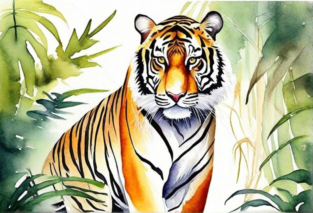 Foto real de tigre aquarela com floresta de fundo