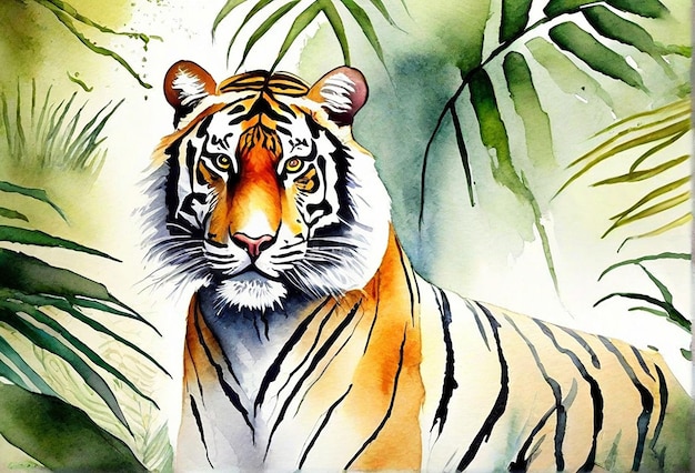 Foto real de tigre aquarela com floresta de fundo