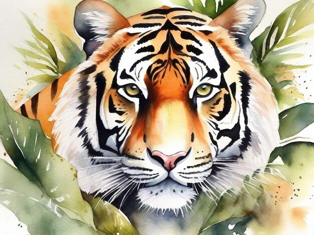 Foto real de tigre aquarela com floresta de fundo