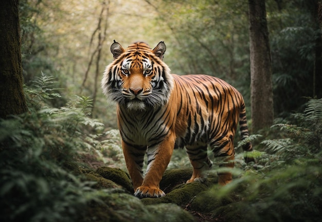 Foto real de tigre aquarela com floresta de fundo
