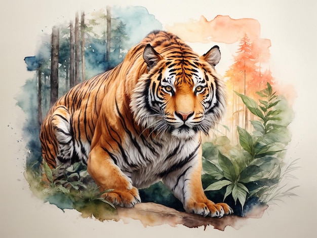 Foto real de tigre aquarela com floresta de fundo