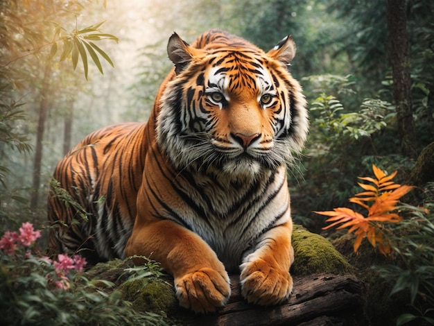 Foto real de tigre aquarela com floresta de fundo