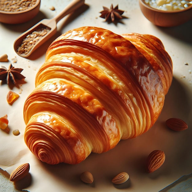 Foto real para Detallar las capas de pastel escamoso en un croissant mantequilloso Imágenes de primer plano que muestran