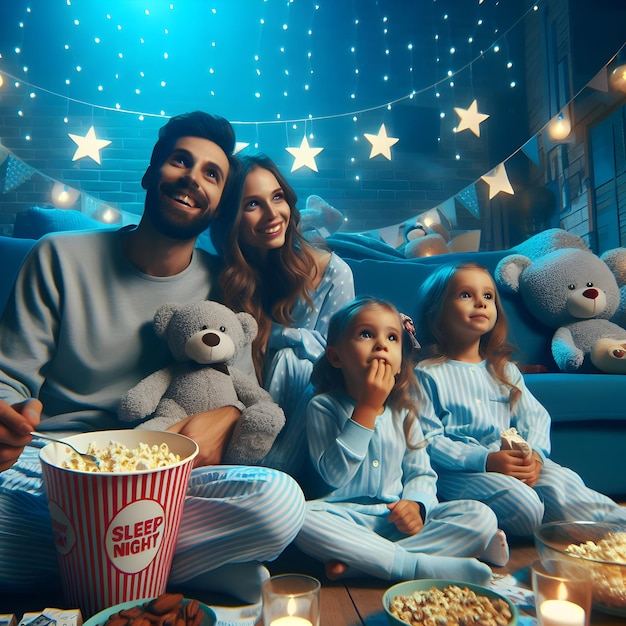 Foto real para Family Pajama Party como Noche de Cine en el tema del Día Mundial del Sueño Profundidad de campo completa