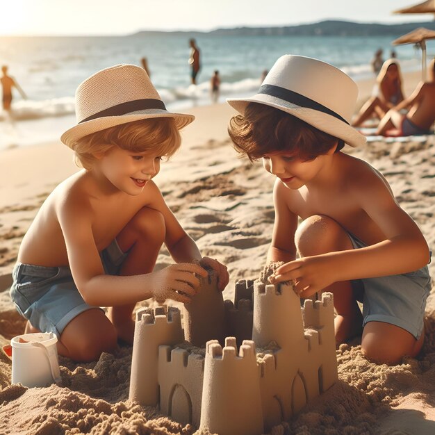 Foto foto real für kinder, die ein sandschloss an einem sonnigen strand im sommer-event-thema bauen