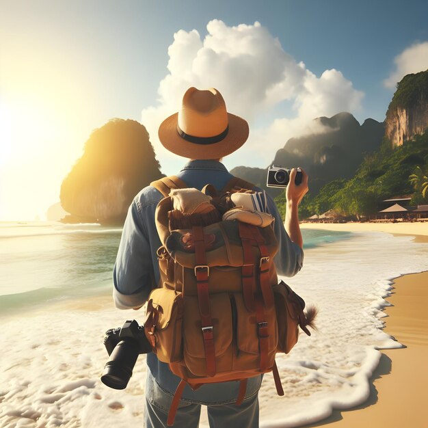 Foto real für Reisender mit Rucksack an einem Strand in Thailand im Backpack-Reisetema Volltiefe