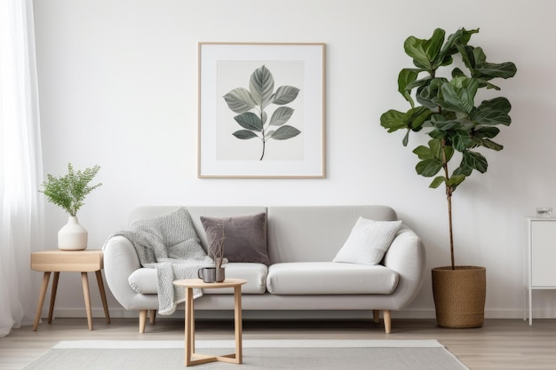 Foto real del interior sencillo de una sala de estar con vitrinas blancas y sofá gris
