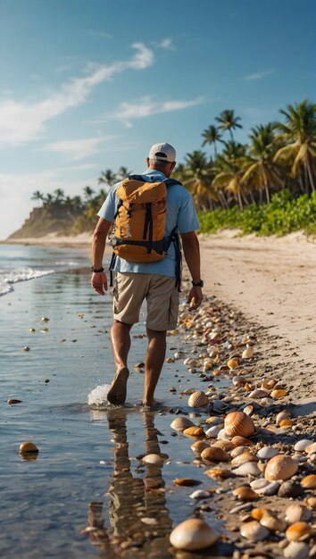 Foto real mit Reise-Thema für Beachcombers Quest Concept als eine menschliche Figur mit einem Rucksack searc