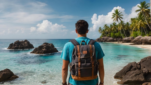 Foto real mit Reisethema für Island Backpacking Concept als Reisender mit einem Rucksack, der erforscht