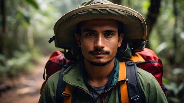 Foto foto real para backpacker na floresta amazônica em backpack tema de viagem profundidade total de campo