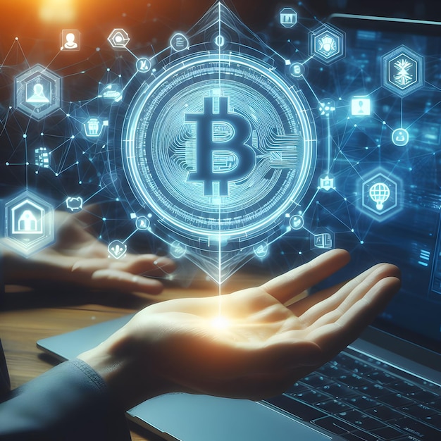 Foto real para Blockchain Technology Icon on Cryptographic Background em resumo de inovação digital
