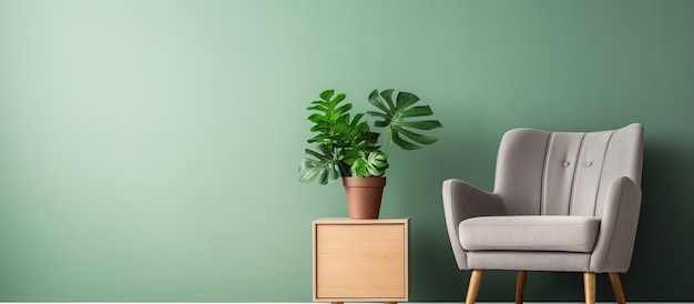Una foto real de una planta colocada en un armario junto a un sillón de madera verde en un interior plano